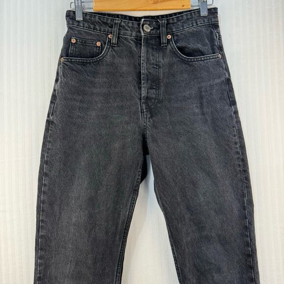 Zara Black Denim Jeans Size 6 Straight Leg Button Fly Frayed Baggy Goth Grunge - Picture 4 of 8